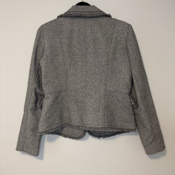 Cache Size Large Y2K Metalic Silver Gray Boucle Wool Blend Tweed Blazer Fringe - Picture 6 of 11